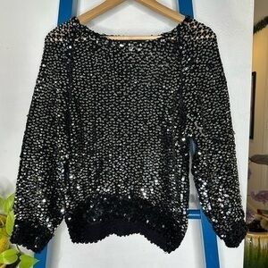 Vintage 90s Saks Fifth Avenue Open Knit Black Silver Sequin Sweater Womens Small